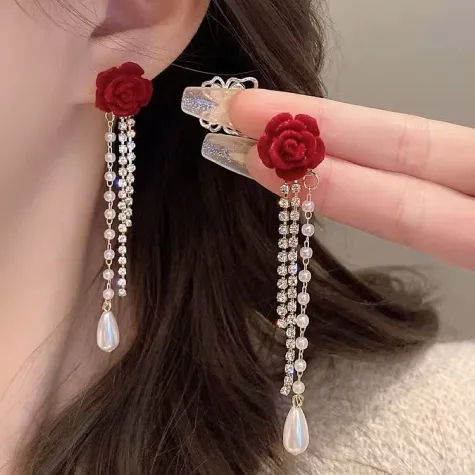 Boho Long Tassel Pearls Flower Earrings 